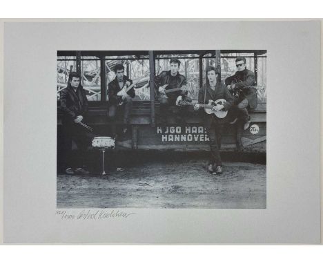 A limited-edition lithograph print on thick stock of a photograph taken by Astrid Kirchherr in Hamburg, 1962. Signed along bo
