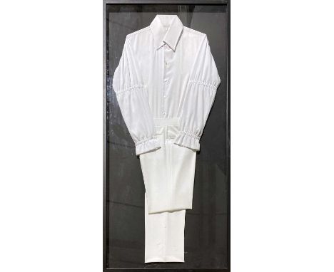 To include Lansky double knit polyester white dress trousers without belt loop coupled with a white silk shirt (from H Costum