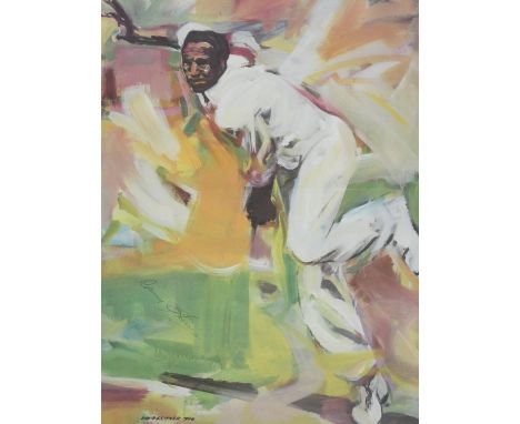 Of cricket interest, a framed and glazed limited edition print by David Skinner of Gary Sobers bowling, signed by both the ar
