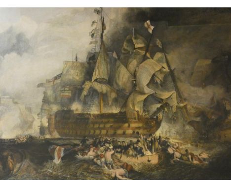 A framed and glazed hand coloured engraving after JMW Turner, engraved by John Burnet, a print of 'Nelson's ship The Victory 