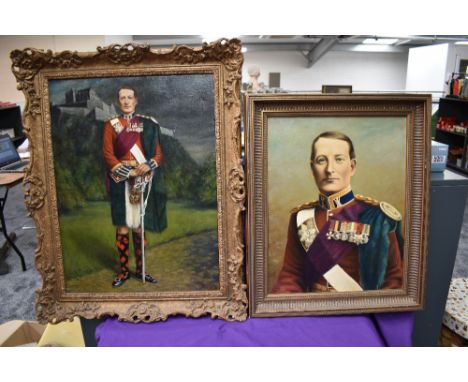 Two framed Oil Paintings by W Rennie (98) and (97) on canvas of John George Rennie D.S.O, The Black Watch, one in full Black 