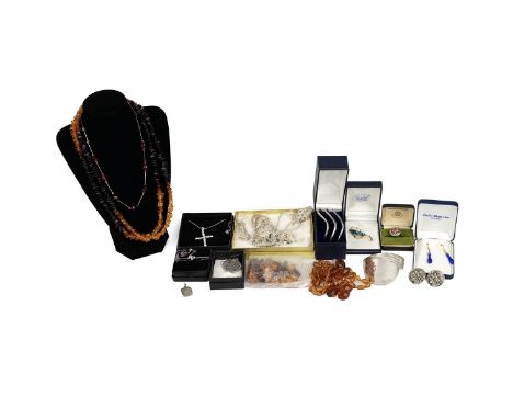 Collection of costume jewellery, including various bangles, earrings, amber style necklace, silver Caithness ring and other i