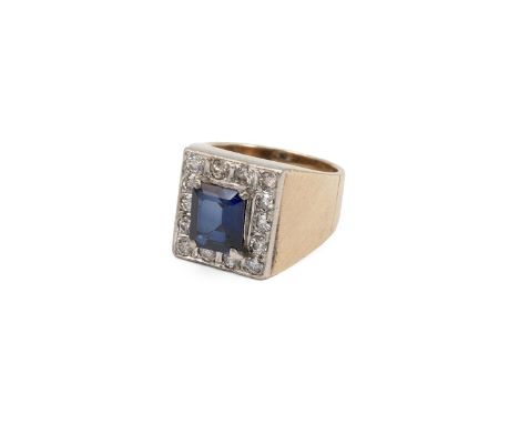 14k hallmarked sapphire and diamond ring, the central square cut sapphire measuring 8mm x 9mm, surrounded by a border of 14 p