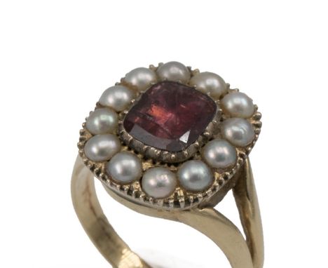 19th Century gold garnet and split pearl ring,&nbsp; possibly converted from a brooch, tested as 14ct gold, 7.61 grams, finge