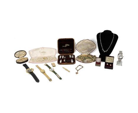 Costume jewellery, to include watches, necklaces, simulated pearl necklaces, rings etc, and a tooled leather cased manicure/s
