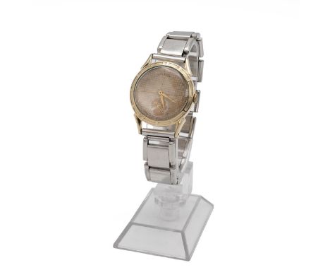 Vintage Lord Elgin 14k filled wristwatch. Manual wind, 30mm case, gold tone hands and separate minute dial. Stainless steel b