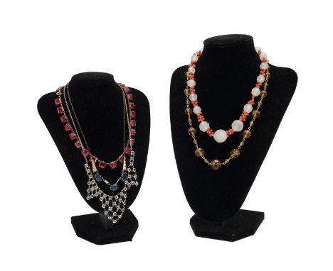 Vintage necklaces including a vaseline glass and coral necklace, amber glass etc.