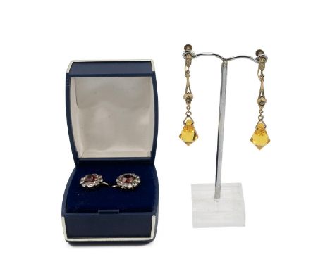 Art Deco Amber glass drop earrings with screw clasps and a pair of faux ruby and paste earrings.