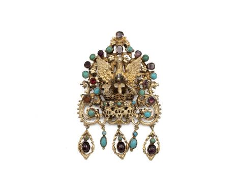 An Austro-Hungarian silver gilt turquoise and amethyst brooch of architectural form cast with a stork attending to her three 