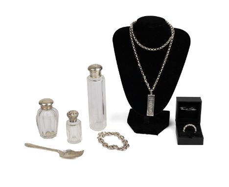 Collection of silver and white metal jewellery, including a hallmarked pendant, sugar scoop, three silver topped scent bottle