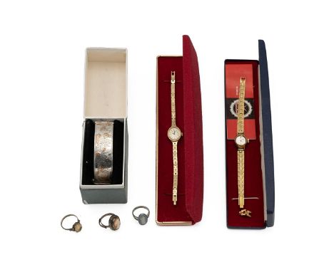 Sekonda &amp; Camy ladies watches together with silver rings and bangle. Vintage Sekonda manual wind 17 jewel gold plate case