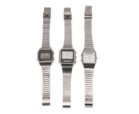 Two digital Seiko stainless steel watches, along with a Citizen stainless steel digital watch. (3)