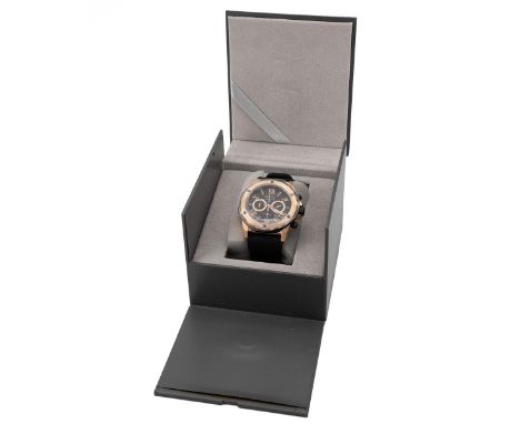 As new gents Bulova Marina Star chronograph wristwatch 98B104. Stainless steel with black and rose gold plated finish, quartz