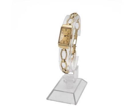 Longines ladies 14ct gold Art Deco wristwatch and strap, c1940. Manual wind, 14x27mm rectangular case, gold tone face, Arabic