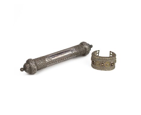 Silver Torah scroll case, marked 92.5 Oman, 167 grams, length 26.5cm; together with a yellow and white metal bangle of Middle