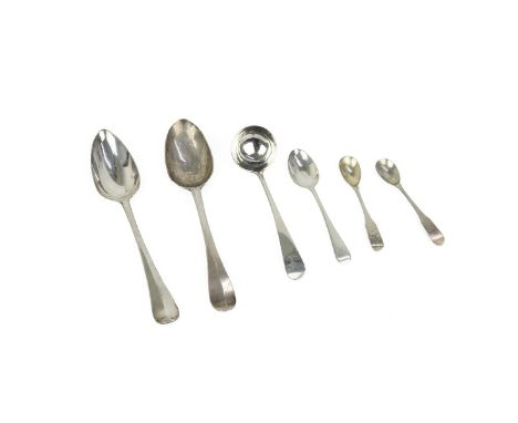 Silver to include: a spoon hallmarked Glasgow 1826; small ladle hallmarked Edinburgh 1781; 2 x mustard spoons hallmarked Dubl