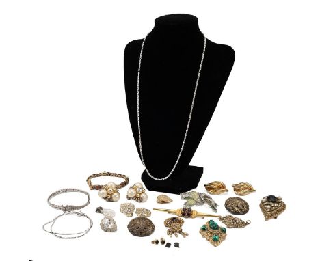 Vintage costume jewellery, including earrings, brooches, silver necklaces, with a decorative wirework box.