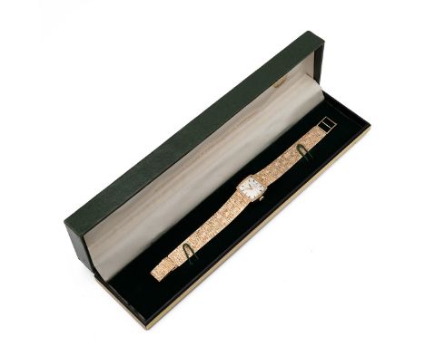 Vintage Record De Luxe 9ct gold ladies wristwatch and strap, c1970s. manual wind, 17mm case, silvered dial, baton markers and