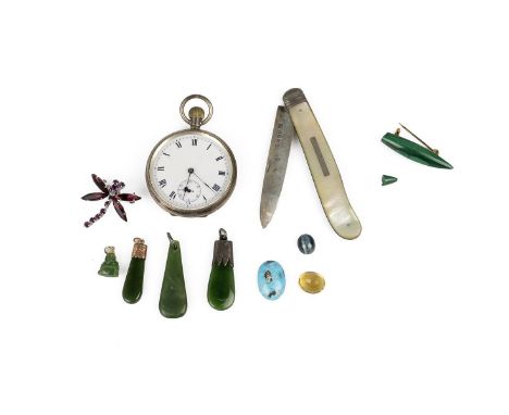 Collection of mixed collectables, including a silver cased pocket watch, penknife, jade buddha, jade pendants and other items