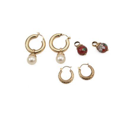 Two pair of yellow metal hoop earrings, along with&nbsp;two cloisonné pendants with a yellow metal jump ring, all tested as 9