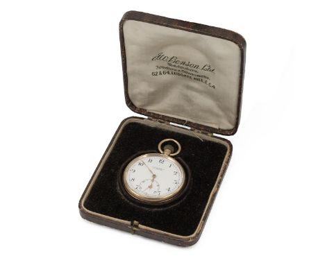 J.W Benson 9ct gold keyless winding open-faced pocket watch with subsidiary seconds dial, gold hands, black Arabic numerals w