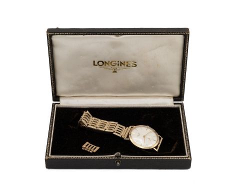 Vintage Longines Gentleman's gilt wristwatch with gate bracelet strap with gilt battons and hands with subsidiary seconds dia