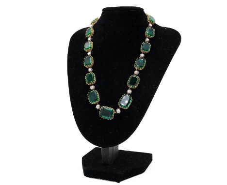 Georgian style emerald green paste Riviere necklace. Yellow metal set in 14ct gold, tested, with 17 graduating green open bac