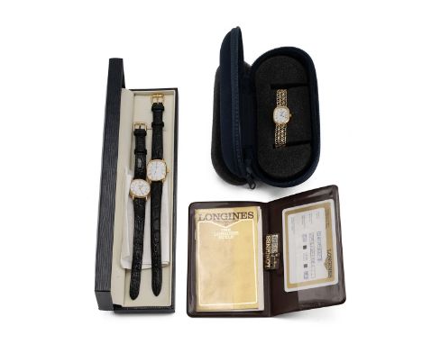 Lady's 9ct gold Longines watch and strap, 22.53, cased, along with two ladies Longines Quartz watches.