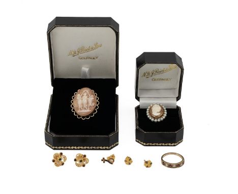 Cameo set ring, along with a cameo set brooch each with a portrait of a lady, and a gem set ring, all tested as 9ct, 14.26 gr