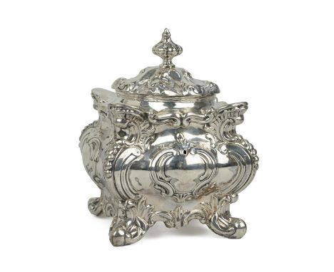Silver tea caddy hallmarked for Sheffield 1898, by Walker and Hall. 420g.