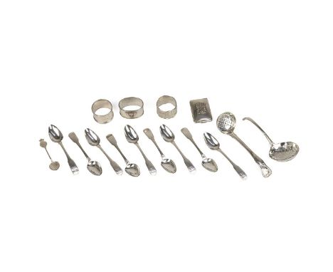 Collection of hallmarked silver to include a matchbook holder, set of 8 teaspoons, sugar sifter and two napkin rings, 527 gra