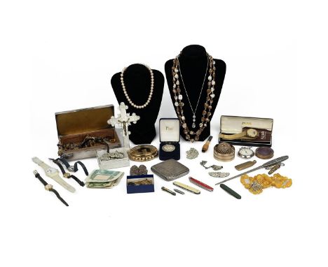Collection of costume jewellery including watches, necklaces, silver cigarette case and other items.