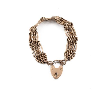 20th-century yellow metal gate bracelet, the heart-shaped padlock marked "9ct", tested as 9ct, 18.13 grams.