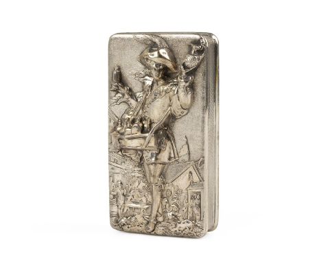 Silver snuff box with embossed figure of a physician selling his wares to the lid, engine turned decoration to the body. Silv