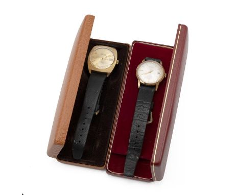 Gents Garrard 9ct gold wristwatch c1974, manual wind, 34mm case with brushed steel face, gold baton hour markers and Arabic 1