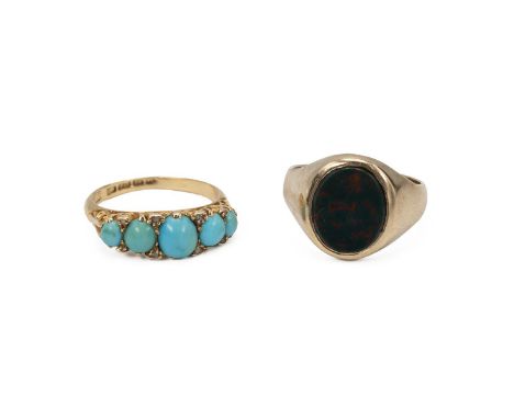 18ct gold, turquoise and diamond ring, set with five cabochon cut turquoise, in claw setting and scroll mount, 3.35 grams, al