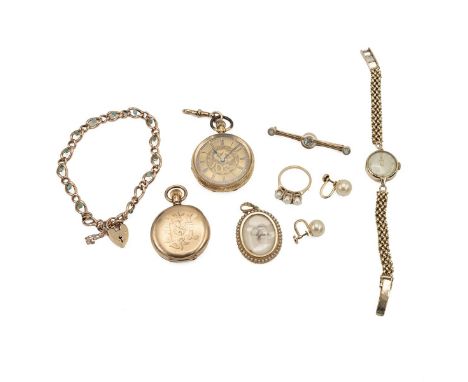Collection of miscellaneous jewellery and watches, including 9ct curb link bracelet, Tudor watch, pocket watch and pearl scre