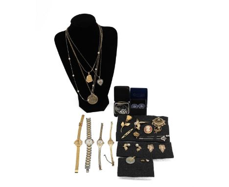 Good collection of costume jewellery including stick pins, brooches, watches and other items.