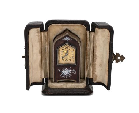 Early 20th century silver gilt and enamel miniature lancet shaped travel clock with gilt dial and Arabic numerals, in origina