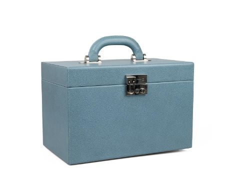 Asprey of London: a pale blue leather clad vanity case (36cm x 24cm x 21.5cm) with lockable hinged lid (key present) opening 