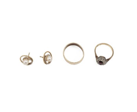 9ct gold wedding band, along with a gem set ring, stamped '9ct' and a pair of stud earrings stamped '9k', both tested as 9ct,