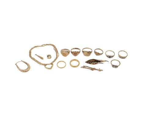Collection of jewellery to include various 9ct gold and yellow metal items, all tested as 9ct, 25.08 grams, along with an 18c