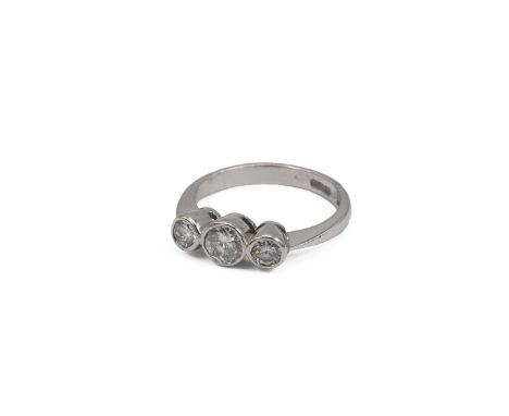 Platinum and three stone diamond ring, set with three brilliant cut diamonds, measuring approximately 0.55 carats, mounted in