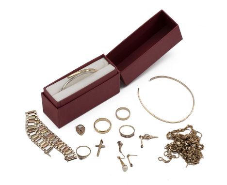 Collection of 9ct gold and yellow metal jewellery, including a bangle, necklaces, rings and other items, all tested as 9ct, 5