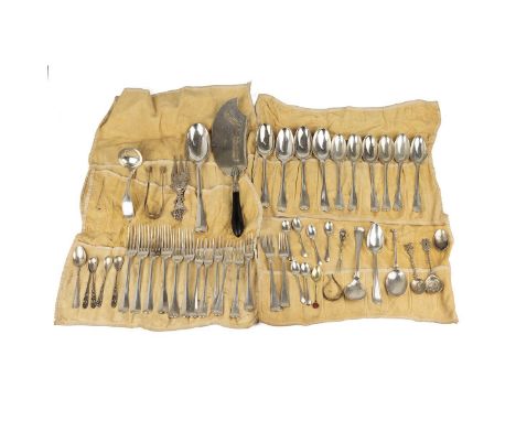 Various silver continental flatware, including spoons, forks, horn handled fish server, tea spoons, serving spoons, bread for