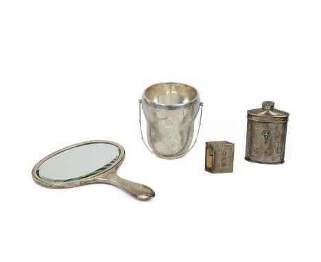 Chinese silver to include a talcum powder flask (XRF tests as 800 silver) 169 grams; ice bucket (XRF tests as 925 silver) 386