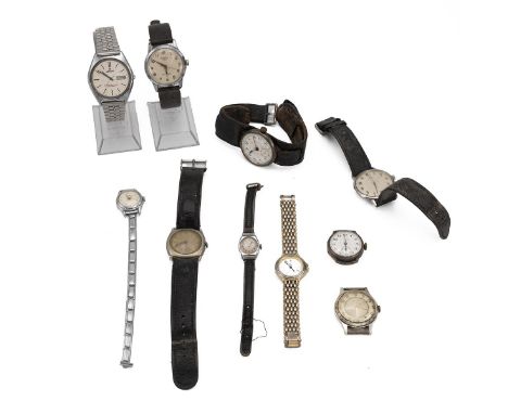 Assorted wrist watches, including a military trench watch, vintage Omega, silver cased in red presentation box, early Ingerso