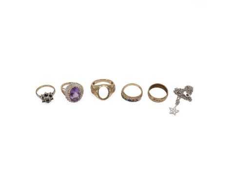 Three 9ct gold gem set rings, along with a 9ct signet ring shank, 13.43 grms, along with an 18ct gold wedding band and neckla