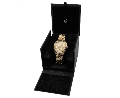 Boxed as new Bulova 97A125 mens curv quartz chronograph watch. Yellow Gold plate case and strap with brushed gold face, gold 