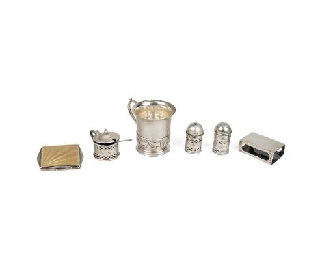 Silver hallmarked collection to include compact with guilloche enamel facing, christening mug, matchbox holder and cruet set 